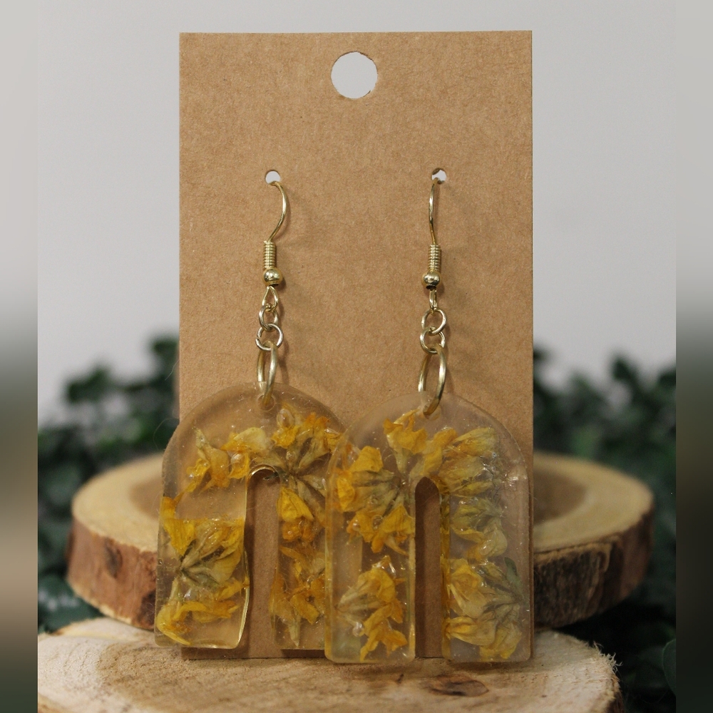 Handmade Yellow Real Dried Flowers Resin Earrings -Hypoallergenic